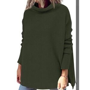 Lilusory Women’s Mock Neck Pullover Sweater Green Side Slits Classic Career